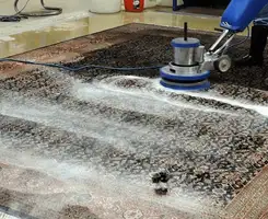 Professional rug cleaning with a rotary floor machine and shampoo foam, deep-cleaning an area rug, in Colorado Springs, CO.
